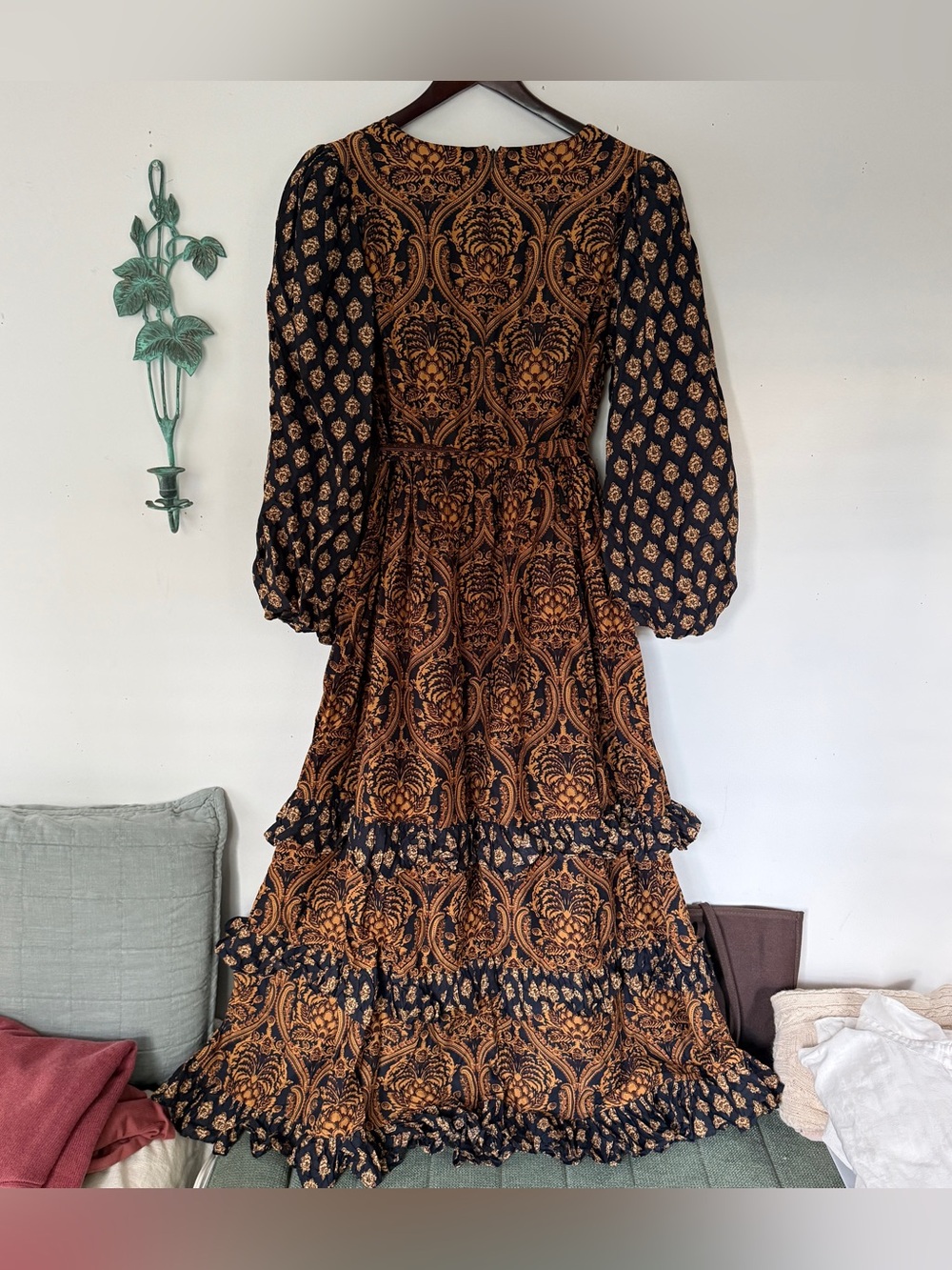 A Loves A Paisley Cotton Maxi Dress L Boho Romantic Tiered Ruffle Balloon Sleeve - Picture 7 of 12
